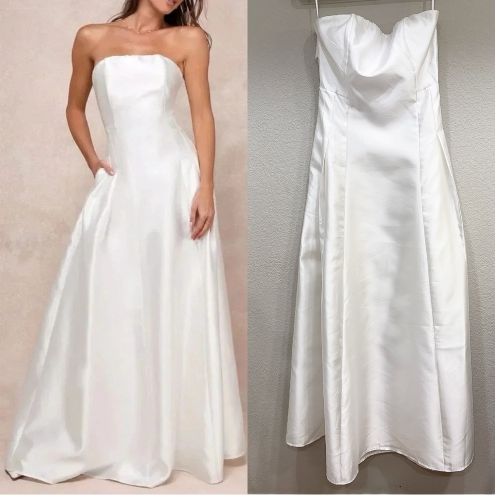 Lulu's White Strapless Satin A-Line Maxi Gown